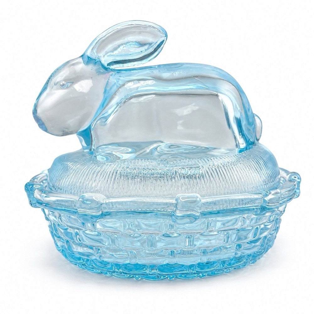 Blue Glass Bunny Rabbit on Basket Best  Covered Candy Trinket Dish Easter 5.5"
